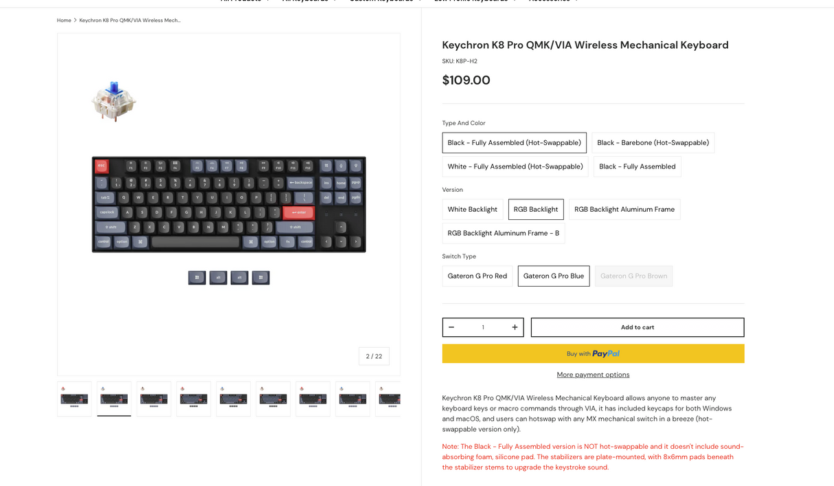 K8 Pro Black - Fully Assembled (Hot-Swappable) / RGB Backlight / Gateron G Pro Blue switch