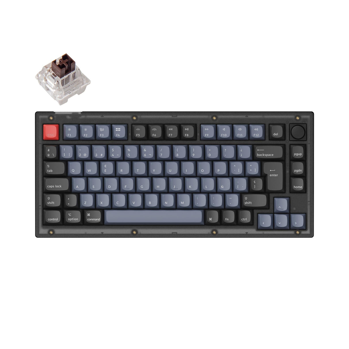 Keychron V1 QMK VIA custom mechanical keyboard 75 percent layout frosted black knob hot-swappable Keychron K Pro switch brown Spanish ISO layout