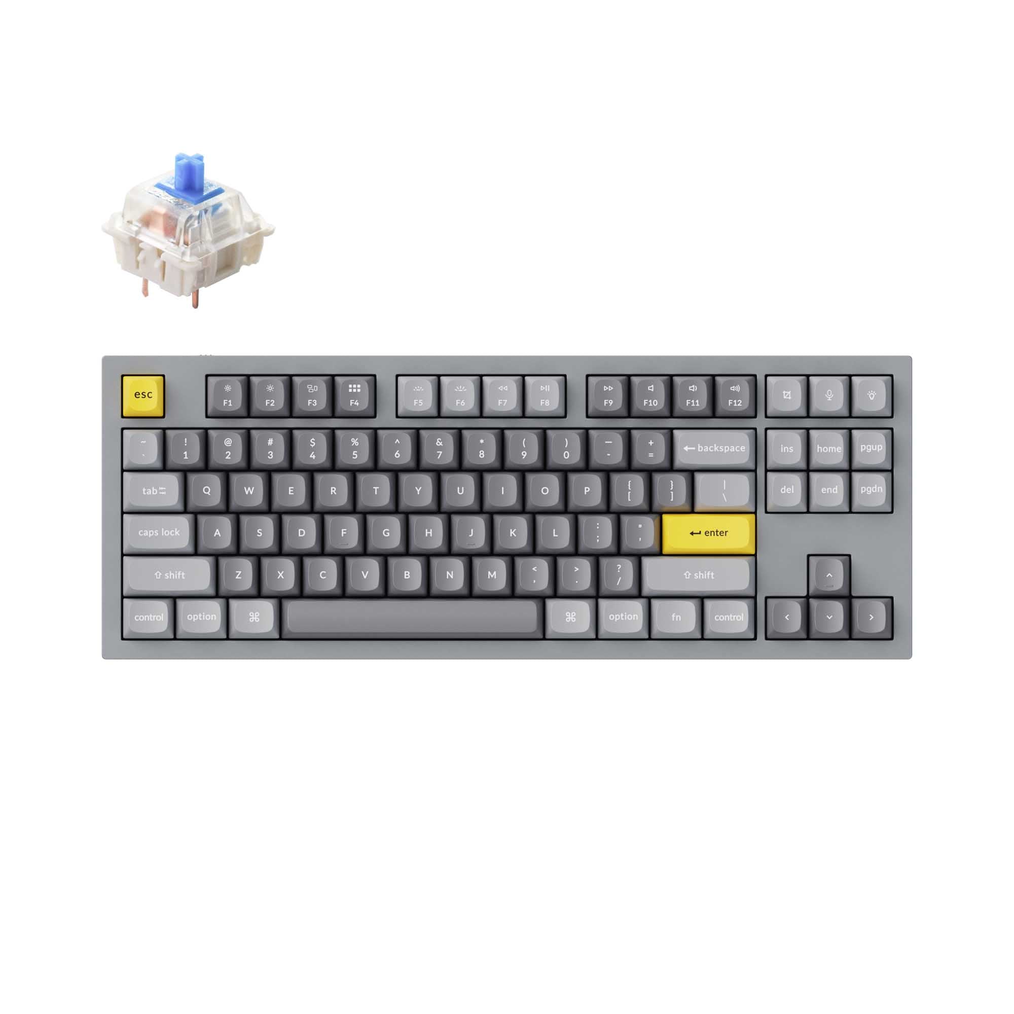 Keychron Q3 QMK VIA custom mechanical keyboard tenkeyless 80 percent layout full aluminum grey frame for Mac Windows iOS RGB backlight with hot swappable Gateron G Pro switch blue